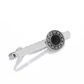 Polished silver tie clip for men featuring a black circular inlay with Greek meander pattern - Round Meander Style (T1004)
