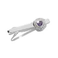 Detail view of silver tie clip with heart-shaped purple zircon and white diamond halo - Purple