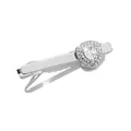 Detail of silver tie clip featuring a heart-shaped zircon inlay with pave crystal accents - White