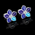 Elegant silver flower cufflinks with purple and blue enamel petals and crystal center - Pair of Cufflinks / Blue Flower Cufflinks (B1232)