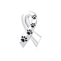 Detailed view of silver ribbon brooch featuring black enamel paw prints and polished finish - Black Paw Ribbon Brooch (Pre-order) (C1416-BL)