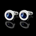 Silver cufflinks with blue crystal and textured edges for formal business wear - Blue Rhinestone Round Cufflinks (B1227)
