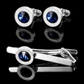 Ensemble boutons de manchette et pince à cravate argentés avec cristaux bleu foncé - Ensemble de Combinaison de Boutons de Manchette et Pince à Cravate (AD0022) / Base Argentée avec Strass Bleu