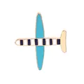 Close-up of fighter jet enamel brooch featuring blue stripes and gold metal finish - Light Blue Striped Airplane Style (C1450-1)