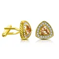 Detail of gold cufflinks featuring a triangular orange zircon and white crystal border - Gold Amber Main Stone Style / Gold