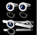 Silver cufflinks and tie clip set with deep blue round crystal for men's formal business wear - Blue Rhinestone Cufflink Tie Clip Set (AD0022)
