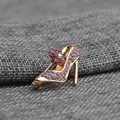 Detail of high heel brooch featuring purple rhinestones and pink crystal flower decoration - Pink Flower High Heel (C1017)