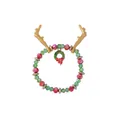 Christmas beaded bracelet with red green beads, golden antlers and wreath pendant - Golden Antler Style (G1165)
