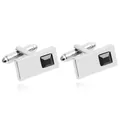 Men's silver rectangular cufflinks with black square gemstone inlay and T-back closure - Silver Tone Black Stone Cufflinks (B1242)