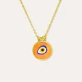 Macro detail of 18k gold plated evil eye pendant with vibrant orange enamel inlay - Orange Round