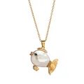 Golden fish necklace with white baroque pearl body and blue gemstone eye on white background - Gold Ugly Fish