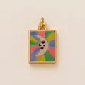 Detail of a rectangular golden charm with a rainbow moon face design and hanging ring - Moon Face Square Tag