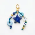 Vintage star and heart ceramic bead bag charm with gold metal clasp and blue stones - Star Beaded Pendant