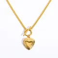 Golden heart locket necklace with vintage floral engraving and designer toggle clasp - Engraved Heart Locket - OT Clasp Chain