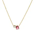 Close-up of golden teardrop necklace with pink zircon and white pearl detail - July