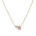 Detail of gold necklace with white round pearl and pink teardrop zircon pendant - October