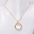 Golden titanium steel pet photo locket necklace featuring iridescent mother of pearl - Gold White Shell - Round