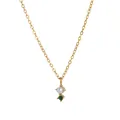 Detail of gold necklace featuring white pearl and deep green gemstone pendant - May Necklace