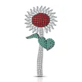 Elegante broche de girasol con centros rojos, pétalos de circón y detalles de hojas verdes - Estilo de Zircón Colorido de Girasol (K1158)