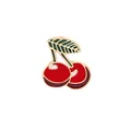 Detailed view of cherry enamel brooch with red fruit, green leaves and gold plating - Cherry Style