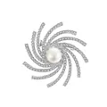 Rotating snowflake brooch with large center pearl and sparkling cubic zirconia stones - Silver