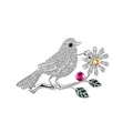 Elegante spilla a forma di gazza in argento con cristalli e foglie in smalto verde - Argento
