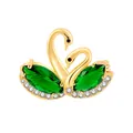 Elegant gold-tone twin swan brooches featuring green marquise gems and white zircon accents - Gold