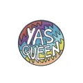 Rainbow enamel lapel pin with bold YAS QUEEN text and colorful wavy geometric pattern - C1640