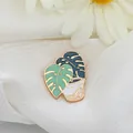 Cute enamel monstera plant brooch with green leaves and a white geometric pot - Monstera (C1827-3)