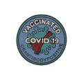 Blue enamel Covid-19 Vaccinated badge with red check mark and stylized virus symbol - Blue Virus Vaccinated Style(C1848-3)