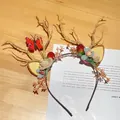 Diadema de cuernos de reno marrones con bayas rojas y decoraciones florales de tela - Estilo Mariposa Roja Cuerno Bosque (W1003-2)
