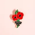 2023 Remembrance Red Poppy Enamel Brooch with Lest We Forget text and black ribbon charm - Double Poppy Lest We Forget 2023 Style
