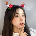 Plush brown reindeer antler headband with festive red cherry and green leaf accents - Brown Plush Antler Red Ball Headband (W1001-2)
