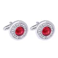 Elegant men's silver cufflinks with round red crystal and micro-pave diamond halo - Red