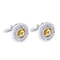 Silver cufflinks featuring a round yellow crystal center and micro-diamond accents - Yellow