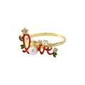 Elegant gold metal napkin ring with red Love lettering, pearl accent, and floral crystals - LOVE Letter Style