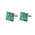 Square silver cufflinks with blue-green abalone shell inlay and embossed texture - Silver Square (B1281-1) / Blue-Green Abalone Shell