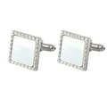 Elegant square silver cufflinks with white mother of pearl inlay and beaded trim edges - Silver Square (B1281-3) / White Mother-of-pearl