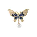 Elegante spilla a farfalla dorata con smalto blu, cristalli e perla pendente - Stile Pendente Perla Strass / Blu E Rosa (C1982-1)