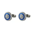 Elegant men's silver cufflinks with blue enamel inlay and clear sparkling crystal center - Silver Blue Base Inlaid Style (B1295)