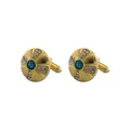 Elegant gold-plated round cufflinks with blue crystal stone and white zircon accents - Gold Sunburst Inlaid Blue Stone Style (B1296-1)