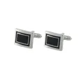 Elegant men's rectangular black enamel cufflinks with polished silver metal finish - Solid Black Core Style (B1277-3)