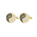Golden round cufflinks featuring black and white Tai Chi Yin Yang enamel patterns - Gold Tai Chi Tree Style (B1283-2)
