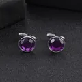 Macro shot of silver cufflinks featuring faceted round purple crystals on black background - Purple (B1314-3)