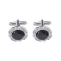 Detailed macro view of silver cufflinks with blue oval stone and rhinestone border - Oval Rhinestone Blue Goldstone Style (B1328)