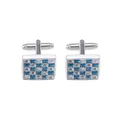 Men's square cufflinks featuring blue and white checkered crystal stones in silver finish - Nine Grid Checkerboard Style (B1325)