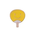 Macro detail of a yellow round fan enamel pin with a minimalist smiley face design - Yellow Smiling Face Fan (C2008-1)