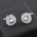 Gemelli rotondi in argento lucido con intarsio in smalto bianco e chiusura a scatto - B1316-2 / Lega