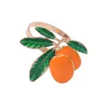 Golden alloy napkin ring featuring an orange enamel mango with shimmering green leaves - Orange Mango Style (Z1055-1)