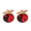 Red and black Yin Yang cufflinks with golden metal borders and T-bar closure for men - Red Black Tai Chi Gold Base (B1378-2)